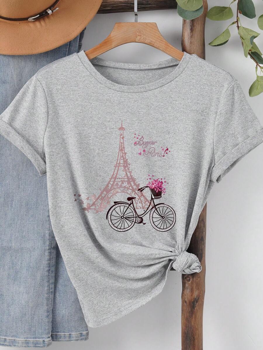 INAWLY 女士花卉埃菲尔铁塔和自行车印花休闲圆领短袖 T 恤图案 T 恤女式上衣