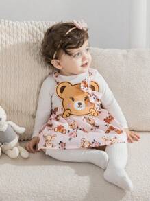 SHEIN Conjunto de 2 piezas de vestido de peto con parche de oso y top de manga larga sólido para niña bebé, primavera otoño - Rosa - Ver 5