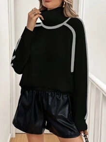 Chiquease 女士高领长袖撞色法式针织毛衣，冬季针织套头衫 - 黑色 - 查看 6