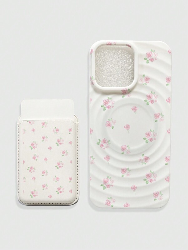 ROMWE Kawaii Husă magnetică pentru telefon cu imprimare cu flori - Husă de încărcare fără fir compatibilă cu MagSafe, cu suport magnetic pentru carduri cu imprimare cu flori