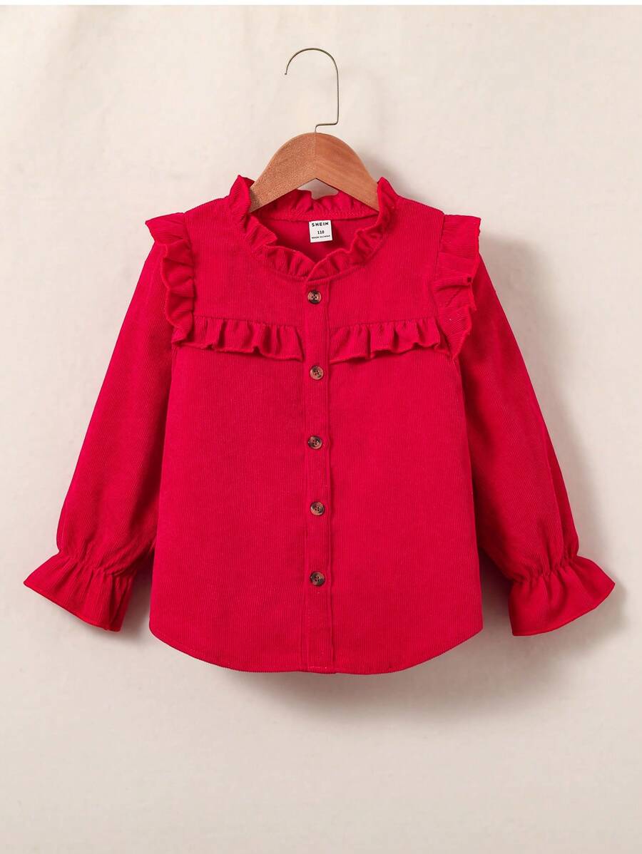 SHEIN Elladie kids Young Girl Plain Front Button Long Sleeve Pleated Minimalist Casual Shirt - Red - View 1