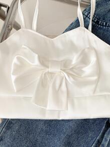 SHEIN 2入組年輕女孩休閒甜美白色蝴蝶結背心和破洞腰帶牛仔褲套裝