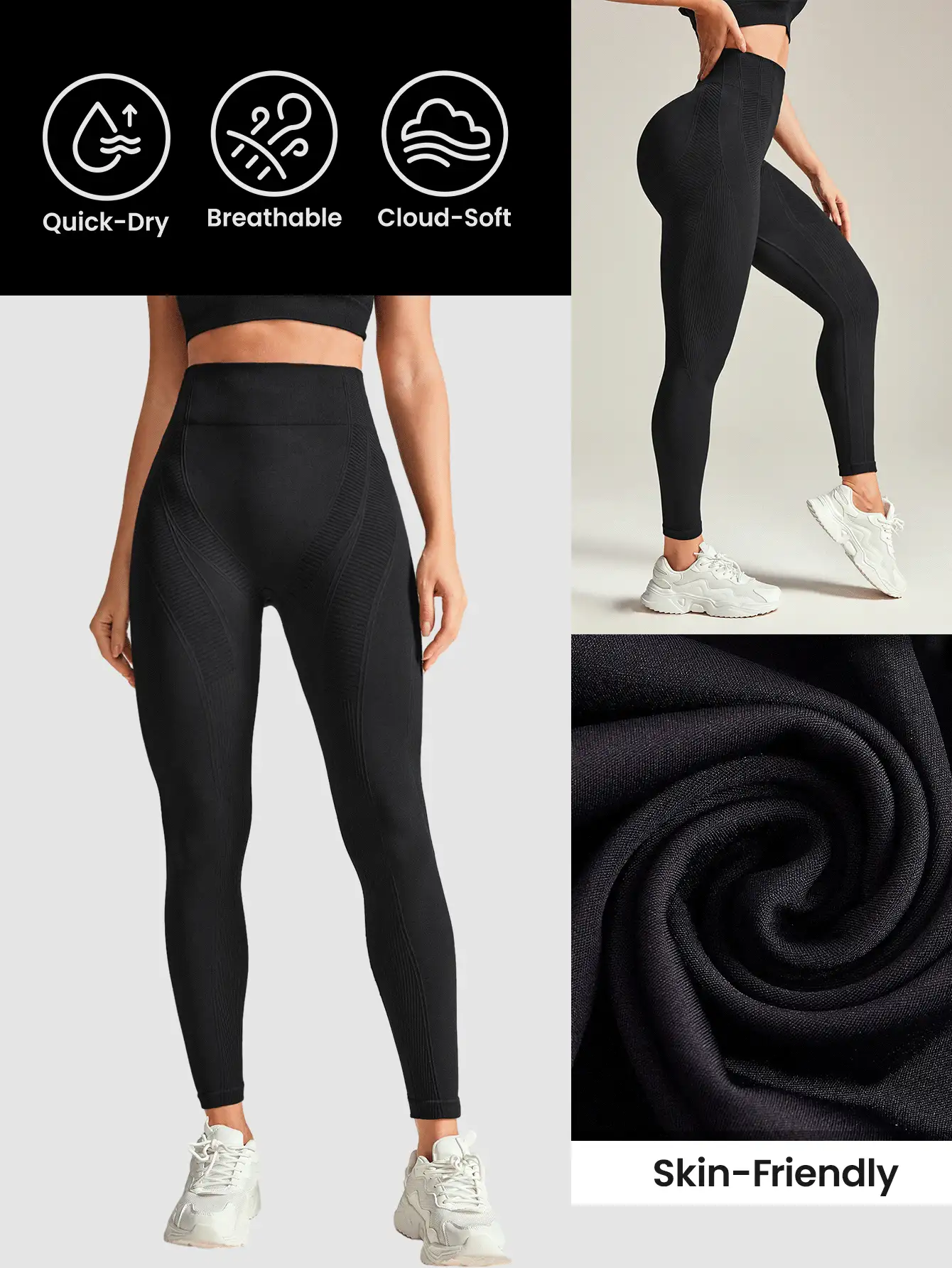 SHEIN Elastic Breathable Seamless High Stretch Abdomen Control Sports Leggings - Black - View 4
