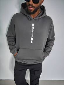 Manfinity LEGND 大码男式字母印花口袋连帽运动衫，长袖