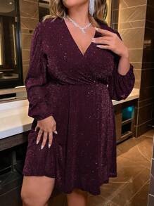 SHEIN Clasi Elegantes plissiertes Kleid mit Glitzereffekt und Laternenärmeln in Großen Größen, Herbst-Burgunderrot Damenoutfit - Bordeaux - Übersicht 3