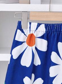 SHEIN 2 pièces/Set Jeune fille Veste bleue à imprimé floral et jupe blanche à fleur bleue, en velours côtelé, chaud et confortable, convient pour l'automne et l'hiver, de mode - Multicolore - Voir 7