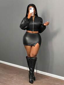 Slaydiva Falda de mujer con leggings internos en negro PU de cintura alta, con decoración de ojales y cinta, estilo casual urbano joven