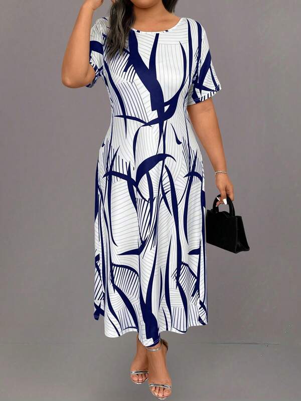 EMERY ROSE Plus Size All-Over Print Okrągły Dekolt Krótki Rękaw Sukienka Codzienna Damska Strój Na Lato