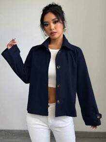 Chiquease 女士休闲宽松直筒短款飞行员夹克 - 藏蓝色 - 查看 3