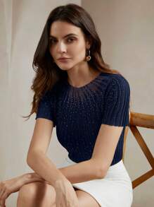 Anewsta 1pc Women's Blue Elegant Short Sleeve Rhinestone Shimmer Sheer Knit Top/T-Shirt
