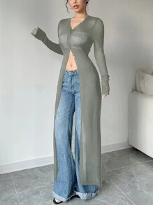 Chiquease Semi-Sheer Long Knitted Cardigan, Versatile And - Khaki - View 4