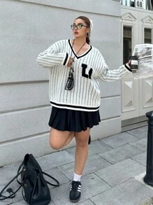 Flirla Plus Size American Casual Flocked English Letter Pattern Pullover Sweater Knit Pullover Fall Winter - Black and White - View 6