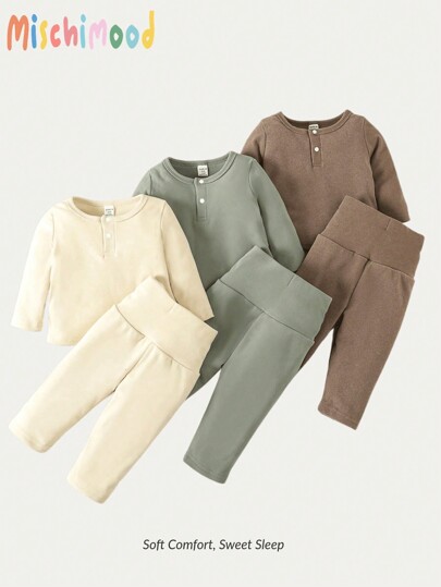 SHEIN 3pcs/Set Baby Boys' Solid Color Derong Fabric Long Sleeve & Pants Homewear Set, Soft And Comfortable