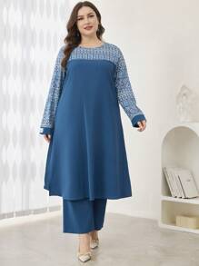 Mulvari 2 件/套随机印花开衩下摆休闲长款束腰上衣套装，大码，修身，百搭 - 水鴨藍 - 查看 5