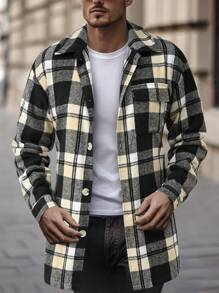 Manfinity Homme 男士格子长袖单排扣休闲长款大衣，秋冬 - 彩色 - 查看 7