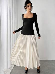 Chiquease Color Block Sweetheart Neck Ruched Waist Long Sleeve Dress For Women Maxi Women Outfit Fall Cloth For Women