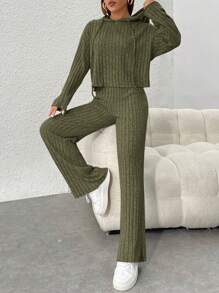 SHEIN PETITE 2pcs/Set Women Casual Solid Color Drawstring Hooded Sweatshirt And Pants Suit, Autumn/Winter - Army Green - View 4