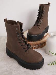 SHUZIA Giày bốt chiến đấu đế bằng buộc dây màu rám nắng dành cho nữ - Khóa kéo bên hông, phong cách cổ điển, đa năng, cổ điển. Phong cách nghỉ lễ Giáng sinh cho mùa thu và đông năm mới ngày lễ tình nhân - Màu be - Xem 2