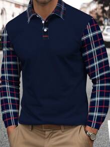 Manfinity Mode Men Check Pattern Collar Casual Work Long Sleeve Golf Polo Shirt, For Daddy, Fall - Multicolor - View 5