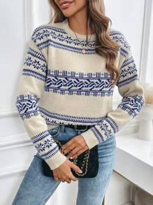 Chiquease 女式圆领长袖图案细节休闲套头毛衣 - 彩色 - 查看 6