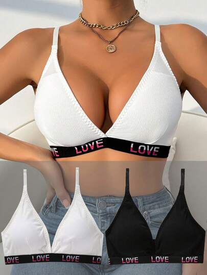 2pcs Women Casual & Comfortable Bra Set, Affordable, Letters Print, Everyday Wear