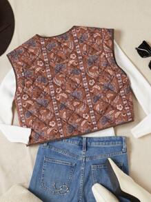 EMERY ROSE 随机印花波西米亚复古风无袖加厚保暖外套，带口袋，聚酯纤维填充，合成保暖材料，冬季外套，西部复古风 - 棕色 - 查看 2