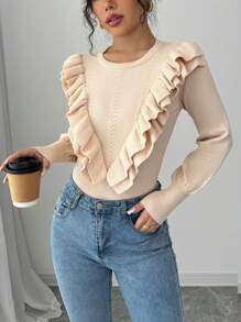 SHEIN Unity 1件女士纯色荷叶边圆领休闲套头毛衣，针织套头衫，秋冬季 - 杏色 - 查看 4