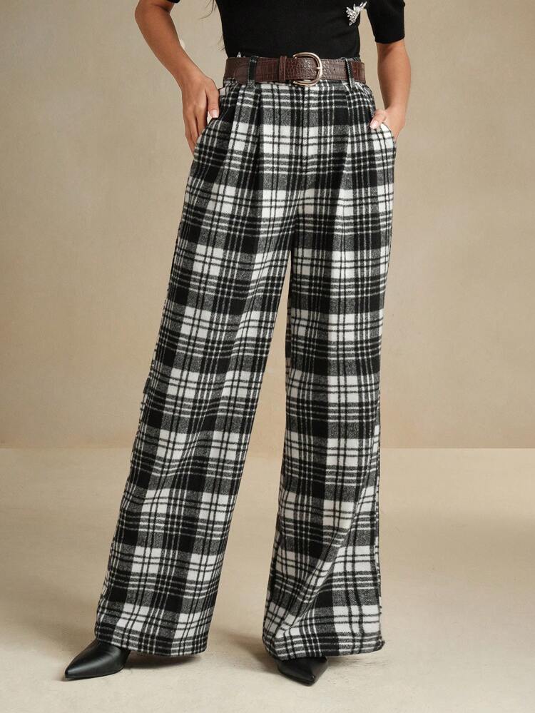 Commuter Vintage Waist Houndstooth Pattern Women Trousers