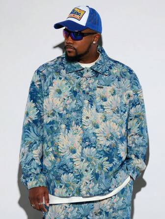 Manfinity VCAY Herren Große Größen Locker sitzende Shacket mit langem Ärmel und Blume Muster