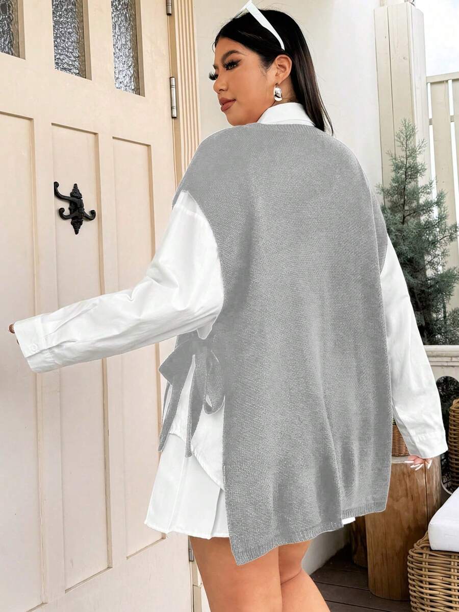 Flirla Solid Color Plus Size V-Neck Tie Knot Open Slit Casual Sleeveless Knitted Blouse - Light Grey - View 1