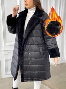 SHEIN Privé 大码女式羊毛拼接收腰长款加厚外套，立领，口袋，加厚保暖黑色外套，秋冬 - 黑色 - 查看 6