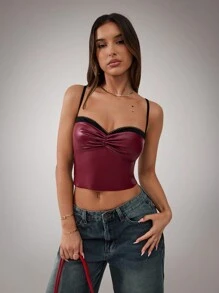 SHEIN BAE 女士复古勃艮第酒红色PU紧身性感撞色蕾丝上衣服装，聚拢文胸，嬉皮女装，圣诞女装，黑色蕾丝文胸，红色蕾丝文胸，红黑上衣，红色文胸，冬季女装，红色皮革上衣，红色性感上衣 - 彩色 - 查看 5