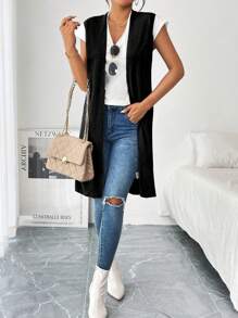 Chiquease 女式无袖前开长款开衫，纯色，休闲，秋季 - 黑色 - 查看 3