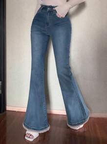 DAZY Plush Patchwork Flared Jeans For Women Fall,Winter - Blue - View 5