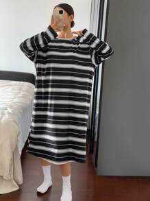 DAZY Striped Soft Plush Fabric Loose Fit Lounge Dress - Dark Grey - View 5