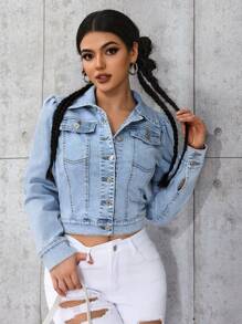 SHEIN PETITE Light Blue Distressed Puff Sleeve Fitted Short Denim Jacket - Light Wash - View 3