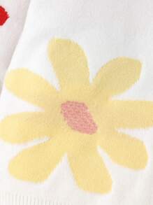 Young Girl Fashion Minimalist Casual Cute Long Sleeve Floral Pattern Round Neck Knit Sweater, Soft & Comfortable For Daily, Travel