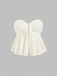 Sweetra Women's Summer Vacation Solid Color Jacquard White Bandeau Top - Apricot - View 1
