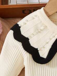 SHEIN Young Girls Fashion Elegant Sweater Dress With Pearl Decor Peter Pan Collar Long Sleeve Knit Pullover - Beige - View 6