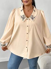 SHEIN CURVE+ Blusa de manga larga con detalles de bordado, estilo burbuja, para vacaciones, talla grande