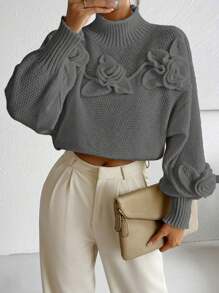 Chiquease 女士 3D 花卉装饰高腰长袖休闲套头衫，秋冬 - 深灰色 - 查看 4