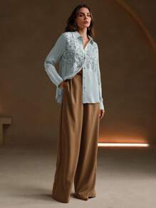 Anewsta 女士休闲 3D 花卉领长袖珍珠串珠水溶性蕾丝拼布衬衫 - 藍色 - 查看 6