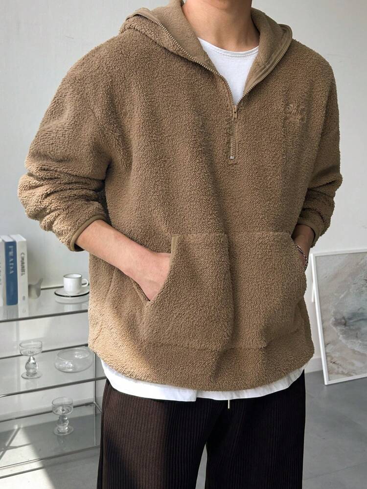 Men's Letter Graphic Drop Shoulder Long Sleeve Fleece Hoodie, Autumn,Winter Quarter Zip Men