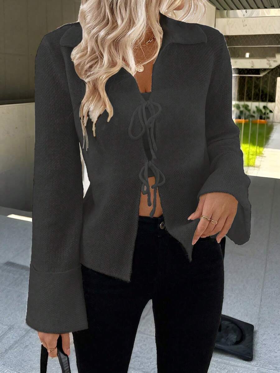 SHEIN Unity Adjustable Front Tie Casual Lapel Cardigan, Influencer Style, Beige Fall Cloth For Women - Dark Grey - View 1
