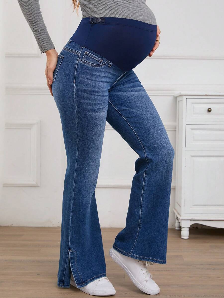 SHEIN Maternity Casual Everyday Washed Flared Leg Jeans, Spring Autumn - Dark Wash - View 1