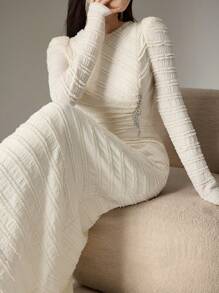 Modelyn 1 chiếc váy dài thanh lịch, tay dài, có khóa kéo phía sau, màu trơn, dành cho nữ, váy dài, váy dạ hội dài - Màu be - Xem 5