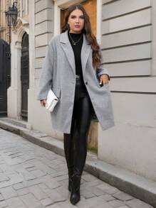 SHEIN Clasi Plus Size Long Gray Knitted Coat, Elegant Office Formal Wear, For Winter