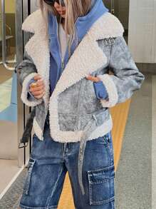 Femmeiva Asymmetrical Pattern Faux Suede & Fur Combine Biker Jacket For Women Fall Cloth For Women - Grey - View 6