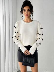 Chiquease Elegant Solid Color Round Neck Puffy Sleeve Sweater, Autumn/Winter