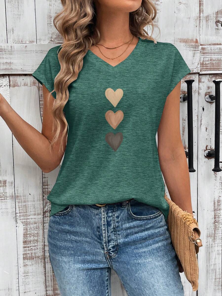 SHEIN LUNE Casual Heart Pattern V-Neck Fitted Women T-Shirt, Suitable For Summer Suitable For Going Out,Casual - Dark Green - View 1